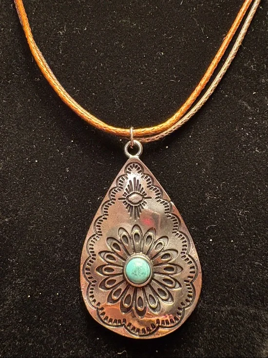 Handcrafted Teardrop Pendant Necklace Turquoise Accent on a Brown leather cord - Picture 2 of 4